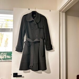 Dkny Black Trench Coat with Belted Waist and Classic Collar